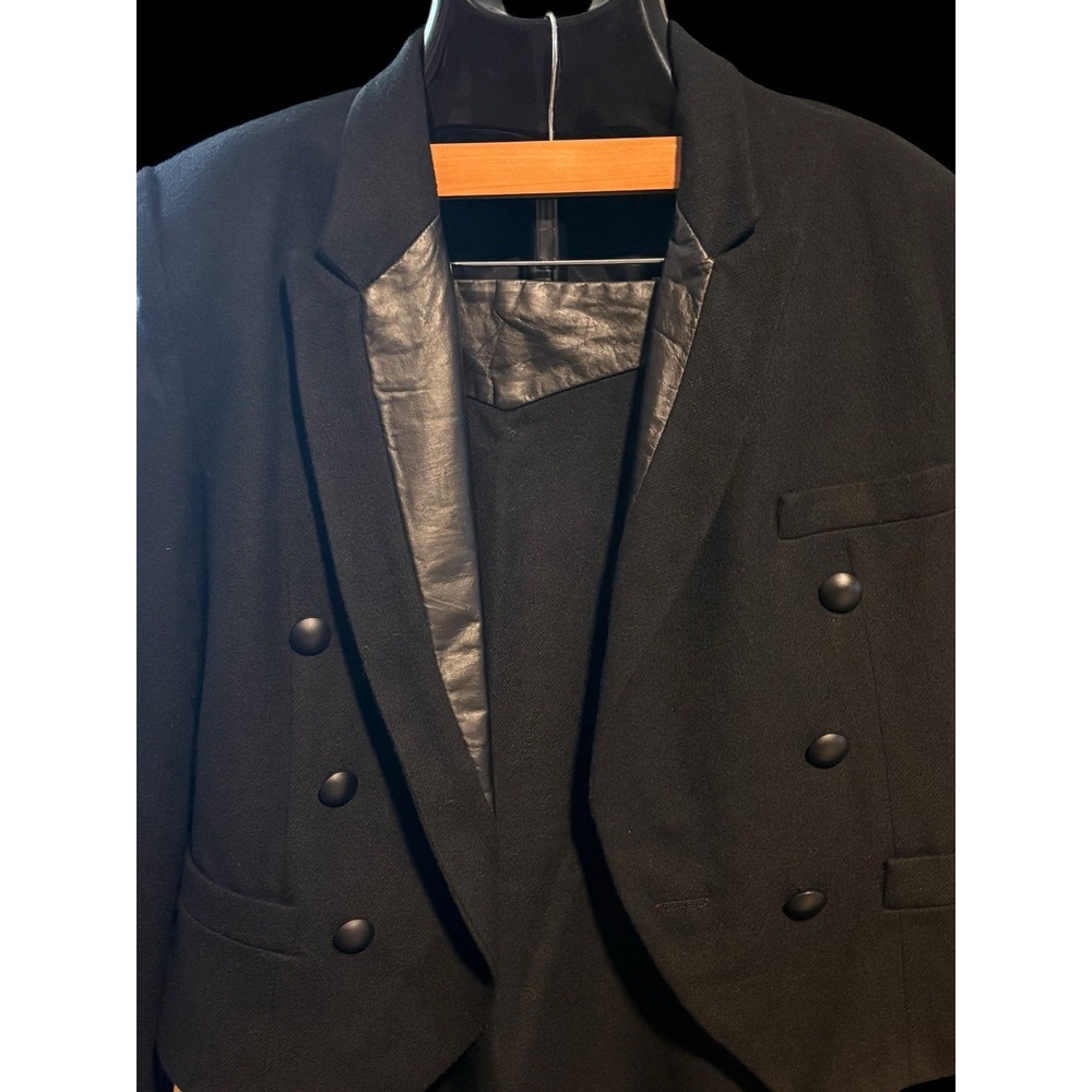 Vtg Rafael Womens 100% Wool Black Jacket Skirt Suit Set Leather Accents Sz 12 - Picture 4 of 16